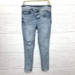 Express Women's Jeans Cropped Skinny High Rise Criss Cross Front Distressed 6